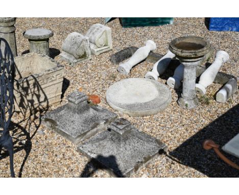 A pair of old weathered square tapering post cap/plinths to/w large square 'Greek key' cast planter, column pedestals, bird b