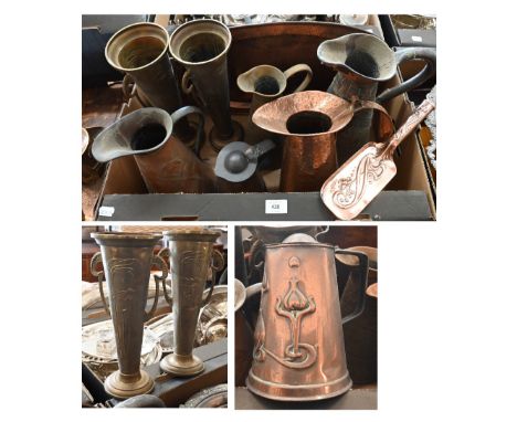 An Art Nouveau Beldray copper oval tray, 58 x 30.5 cm to/w a Beldray crumb-scoop, a pair of Art Nouveau vases, four Joseph Sa
