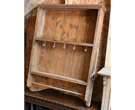 An old pine hanging two-tier kitchen shelf with hanging rail, 69 x 16 x 95 cm