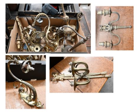 A pair of Art Nouveau copper and brass scrolling wall lights to/w a telescopic desk-lamp, ceiling light etc (box)