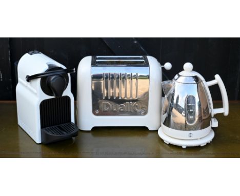 A Dualit DMK1 kettle, white to/with a Dualit two slot toaster, white and a Nespresso machine, white, no instructions/boxes an