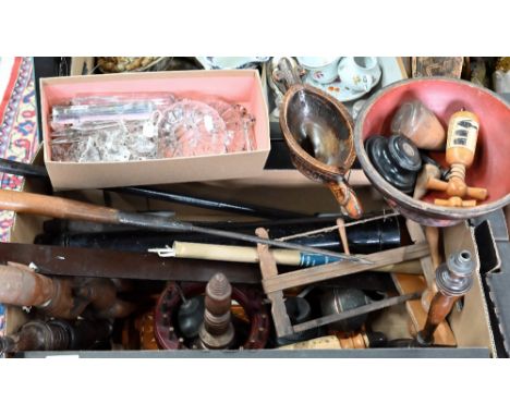 A mixed box of collectables including an Indian carved hardwood oil lamp, various items of treen, polychrome bowl, tools etc