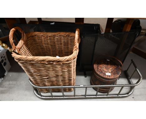 A Scandinavian poker work flour-bin (converted as a sewing box) to/w a wicker log-basket, spark guard and fender and a floor 