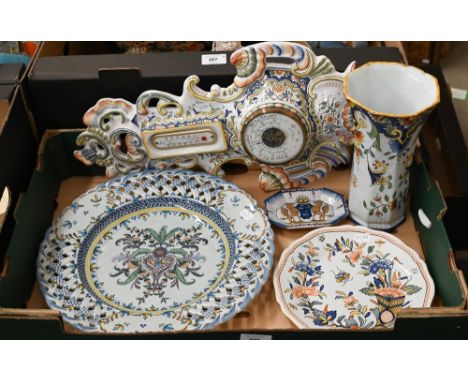 A French faience (Rouen) wall thermometer/barometer, to/w an octagonal vase, plate, pin dish and Portuguese majolica charger 