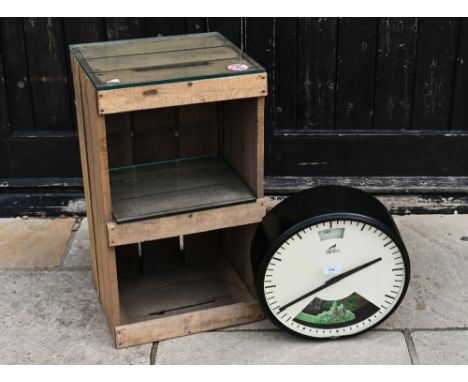 A novelty Bramwell Brown clock/barometer with garden diorama display 35 cm to/w a box-crate shelving unit (2) 