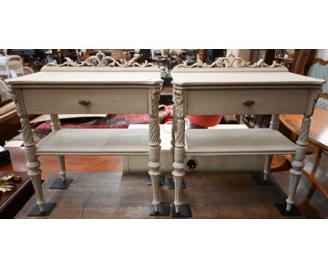 A pair of French carved and painted bedside tables, each with single drawer and open shelf, 54 x 30 x 60 cm h (2)