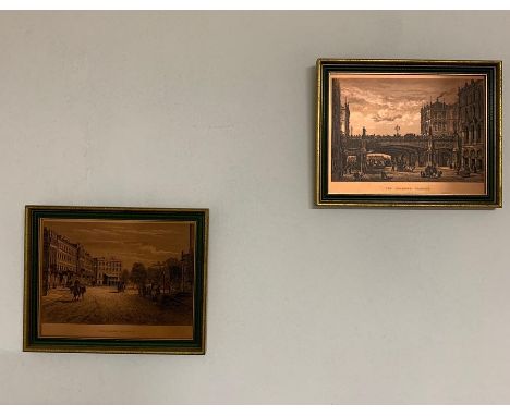 A pair of vintage Coppercraft (copper or brass alloy) etchings, "Belgrave square" and "The Holborn Viaduct", framed, (21x26.5
