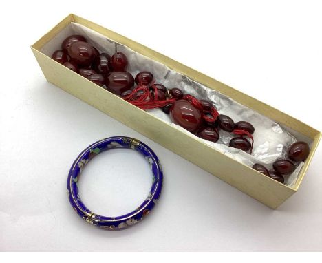 Cherry Amber Coloured Bead Necklace, (for re-stringing / string broken); a vintage cloisonné hinged bangle.The Beads weigh ap