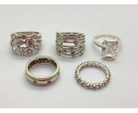  A Small Collection of "925" Diamoniqué Dress Rings, to include bubble style, minimalist cushion cut design, eternity band et
