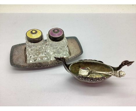 Norwegian Viking Ship Salt, with clear glass liner, stamped "830S", complete with matching salt spoon; a David Andersen cruet