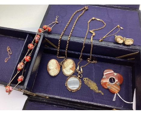 A Dainty Antique Stickpin, oval collet set, suspending chain and pearl detail; fancy link chain; further chain, oval shell ca