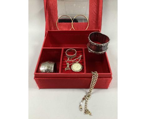 A Small Collection of Modern Jewellery, to include a Celtic style band ring, St. Christopher pendant suspended on a dainty fi