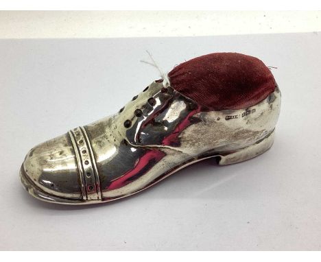 A Novelty Hallmarked Silver Shoe Pin Cushion, S. Blanckensee &amp; Son Ltd, Birmingham 1912, as a man's shoe, with wooden sol