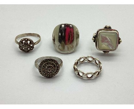 A Shell Inlaid "925" Suarti Ring, with beaded decoration and weaved detailing to band, together with "925" and other modern r