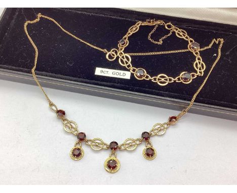 A 9ct Gold Garnet Set Necklace, of geometric openwork design, suspending three drops, on fine chain; together with matching 9