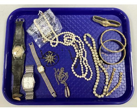 Imitation and Other Pearl Bead Necklaces, vintage starburst pendant, Blue John teardrop pendant, ladies and gent's wristwatch