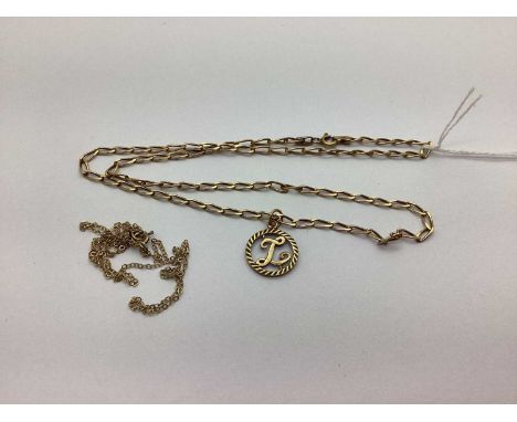 A 9ct Gold Fancy Link Chain, suspending an ornate monogram 'L' initial pendant, together with a dainty fine link chain stampe