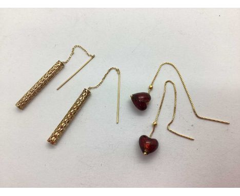A Pair of Openwork Cylindrical Drop Earrings, to chain connections stamped "IBB 375", with another pair of chain earrings, su