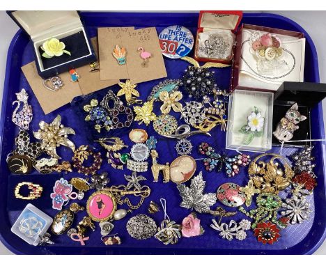 A Collection of Assorted Costume Brooches, including butterfly, decorative enamel cat, Delft style, pin badges etc :- One Tra