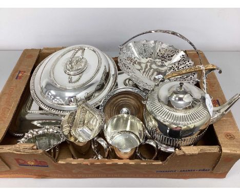 Assorted Plated Ware, including teapot on burner stand, set of four small rectangular pierced dishes, pair of XIX Century pla