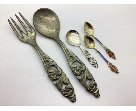 Norwegian TINN Pewter Servers, of foliate scroll design; together with a smail caddy style spoon, stamped "830S"; a pair of N