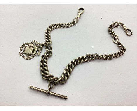 A Double Solid Curb Link Albert Chain, to swivel and swivel style clasps, suspending T-bar and medallion pendant, overall len