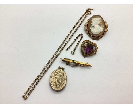 An Antique 9ct Gold Seed Pearl Set Bar Brooch, of foliate design, Chester hallmarked (pin non gold), a belcher link chain (da