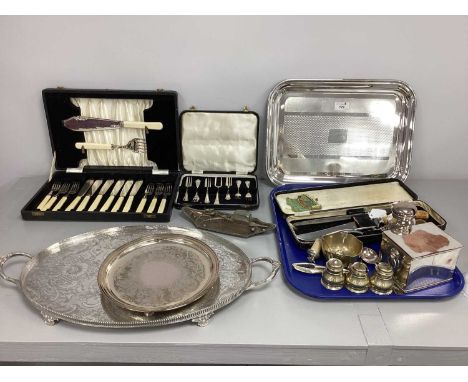 Plated Ware, including twin handled oval tray, rectangular tray with engine turned decoration, three piece cruet, meat carvin