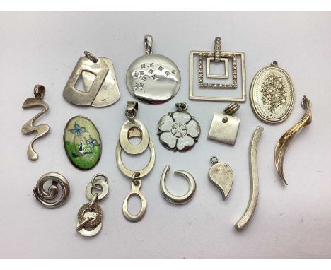  A Collection of "925" and Other Pendants, to include enamel inlaid Yorkshire Rose, stone set celestial circle, floral oval, 