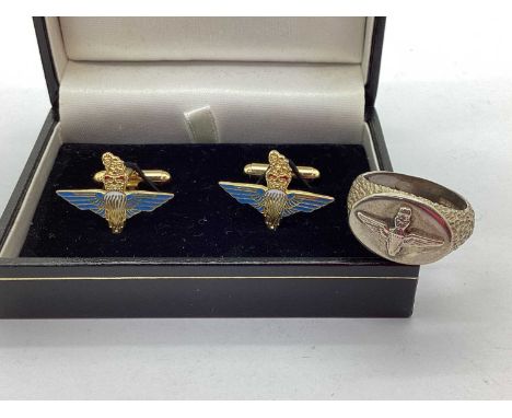 A Hallmarked Sterling Silver Parachute Regement Signet Style Ring, (finger size S), a pair of gilt metal Parachute Regement e