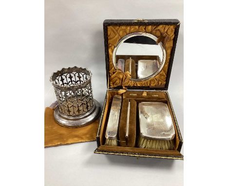 An Art Deco Hallmarked Silver Backed Brush Set, Birmingham 1931, in original fitted case with mirror, comb and compartment fo