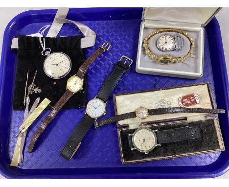 Ladies and Gent's Wristwatches, Sekonda pocket watch, Royak Navy bar brooch, BUTLINS AYR 1947 enamel badge (Reeves &amp; Co T