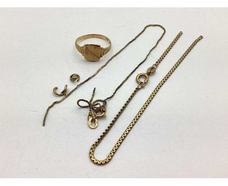 A 9ct Gold Signet Ring, vacant centre panel to stepped shoulders; Scrap Jewellery.4 grams in weight.