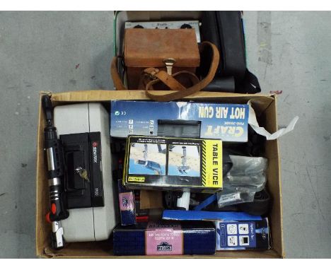 A mixed lot to include a Sentry Fire Safe, cycling accessories, tools and similar, two boxes. [2]