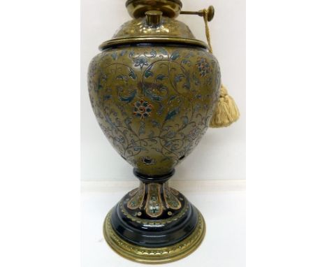 A stoneware and brass table lamp with associated glass shade signed Vianne, the stoneware base marked G & St, 4084, height 61