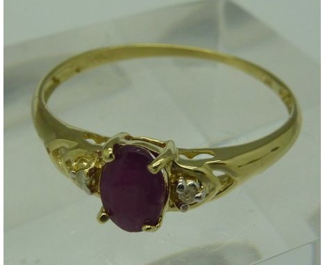 A 9ct gold, ruby and diamond ring, weight 0.8g, size O