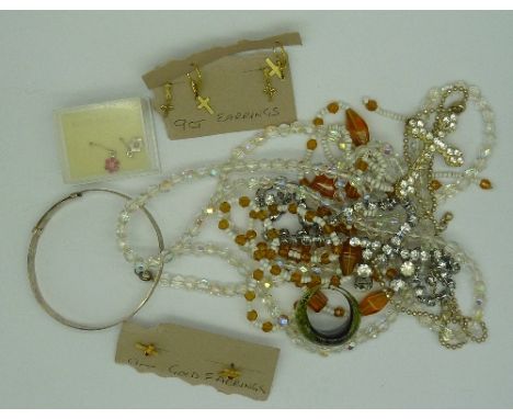 A silver bangle, a Murano glass ring, diamante jewellery, earrings, including one pair of 9ct gold, etc.