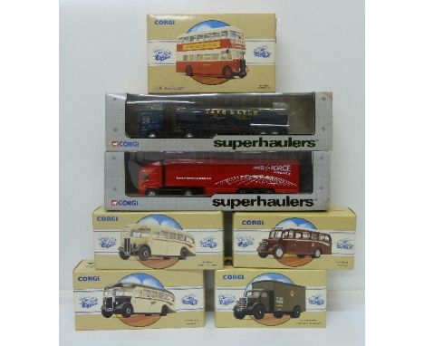 Five Corgi Commercial die cast model vehicles and two Corgi Superhaulers model vehicles, Parcel Force and Tate & Lyle, all bo