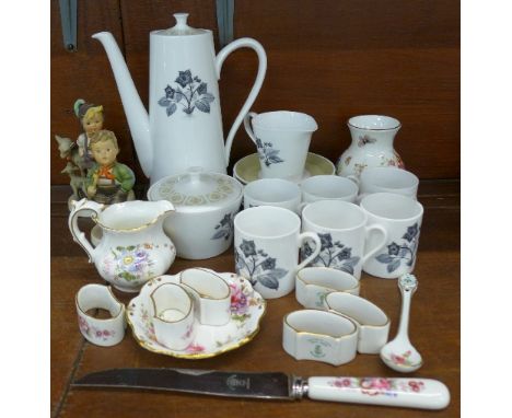 Two Hummel figures, a/f, six Royal Crown Derby serviette rings, a dish and a jug, a Tuscan Wild Strawberry coffee service, et