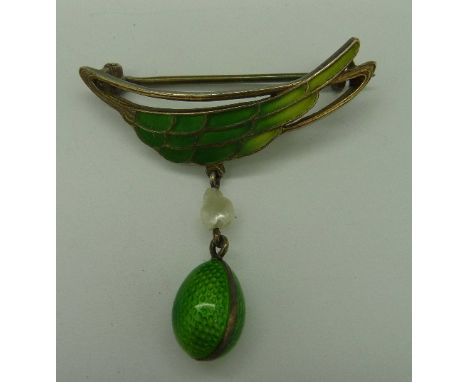 A silver Plique-a-jour enamel drop brooch