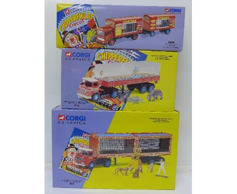 Three Corgi Classics Chipperfields Circus model vehicles; Foden Articulated Tank Trailer, AEC Cage Truck and ERF Artic with c