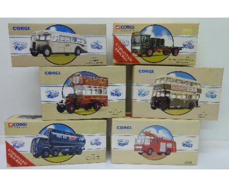 Six Corgi Classics die cast model vehicles; three Public Transport, two Road transport and one Fire Vehicle, all boxed