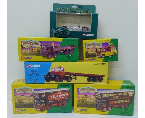 Four Corgi Classics The Showmans Range die cast model vehicles, a Scammell Highwayman & Trailer Set and a Legends of Speed ra