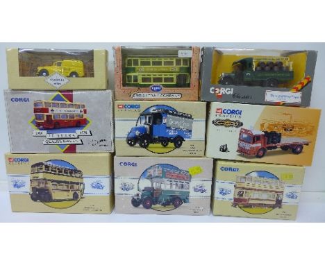 A collection of nine Corgi model vehicles including Americana Mack Goodyear Wingfoot Express, three Public Transport series, 