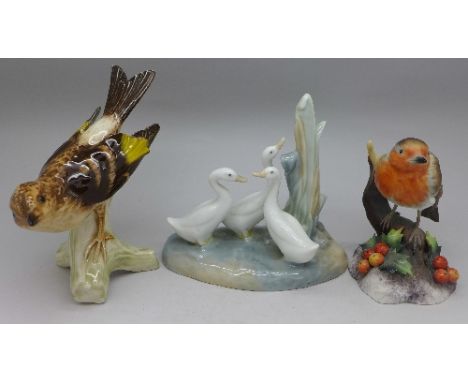 A Royal Crown Derby model of a robin, M.E. Townsend, a Goebel figure of a Brambling and a Nao figure of geese, Nao a/f