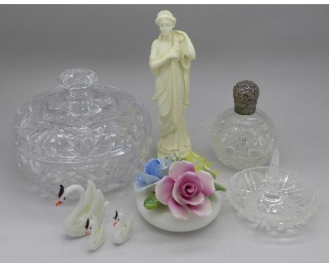 A Victorian silver topped scent bottle with inscription dated 1902, a glass trinket pot, an alabaster figure, etc.