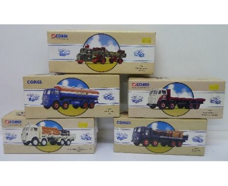 Five Corgi Classics Road Transport die cast model vehicles; three Foden, one Scammell and one ERF, all boxed