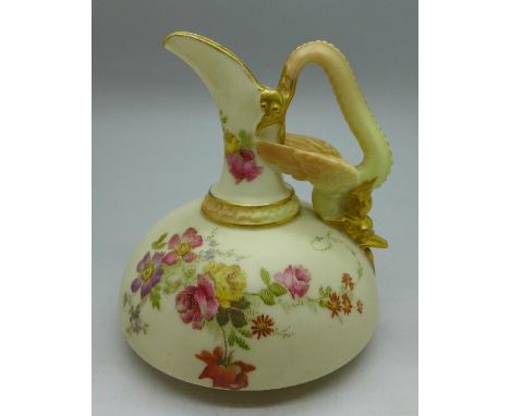 A Royal Worcester ivory ground ewer decorated with flowers, dated 1893, model 1048, height 10cm