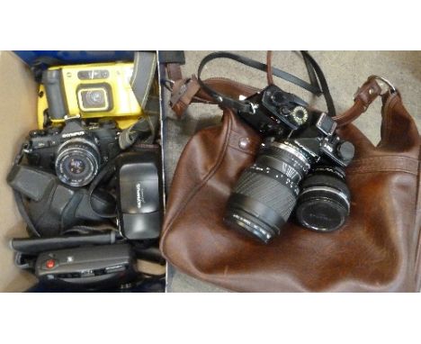 Two Olympus cameras, OM-1 and OM-2, one extra lens, four other cameras, etc.