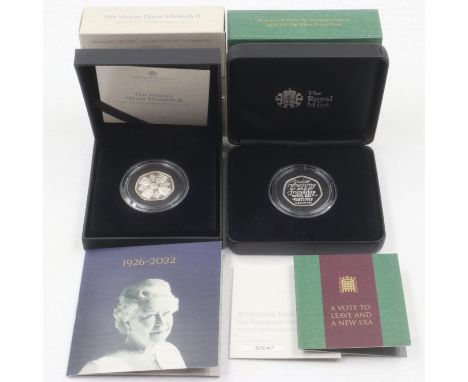 Two silver proof 50p coins, Brexit commemorative and QEII. UK P&amp;P Group 1 (£16+VAT for the first lot and £2+VAT for subse